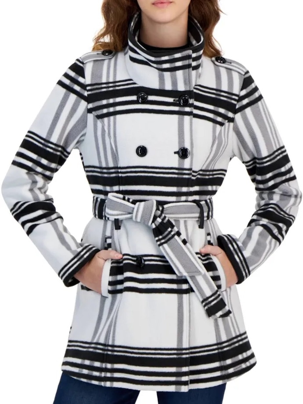 🆕 New BCX Juniors' Size M Black + White Double-Breasted Micro-Fleece Belted Coat